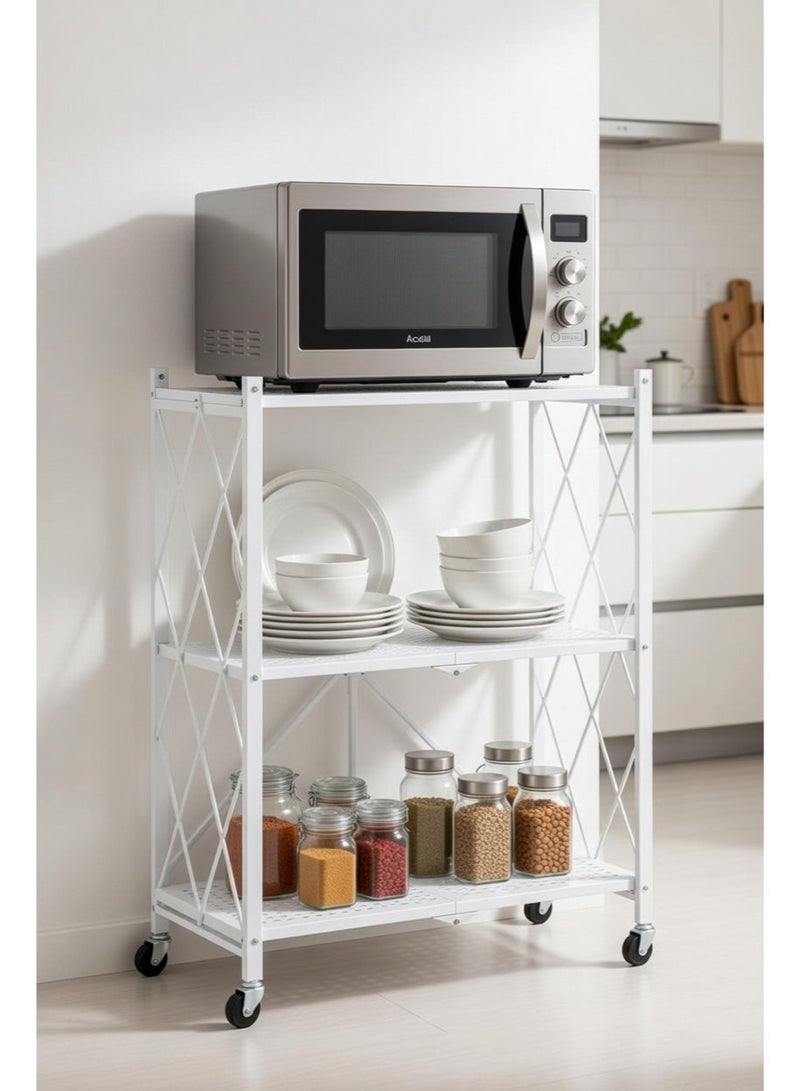 Raqi 3-Tier Rolling Storage Rack with Wheels – Heavy-Duty Metal Shelving Unit for Kitchen, Garage & Storage Room – Practical White Design - Image 3